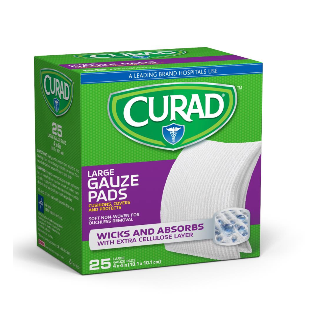 A green and purple box of Medline CURAD Sterile Pro-Gauze Pads contains 25 sterile 4x4 inch pads. The front highlights wicking and absorbing features for wound care, with images of a gauze pad and blister pack.
