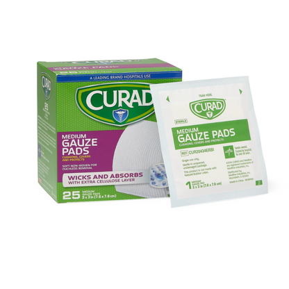 A green and white box of Medline CURAD Sterile Pro-Gauze Pads is shown next to a single packaged pad. The box holds 25 sterile gauze pads designed for effective wound care with excellent wicking and absorption.