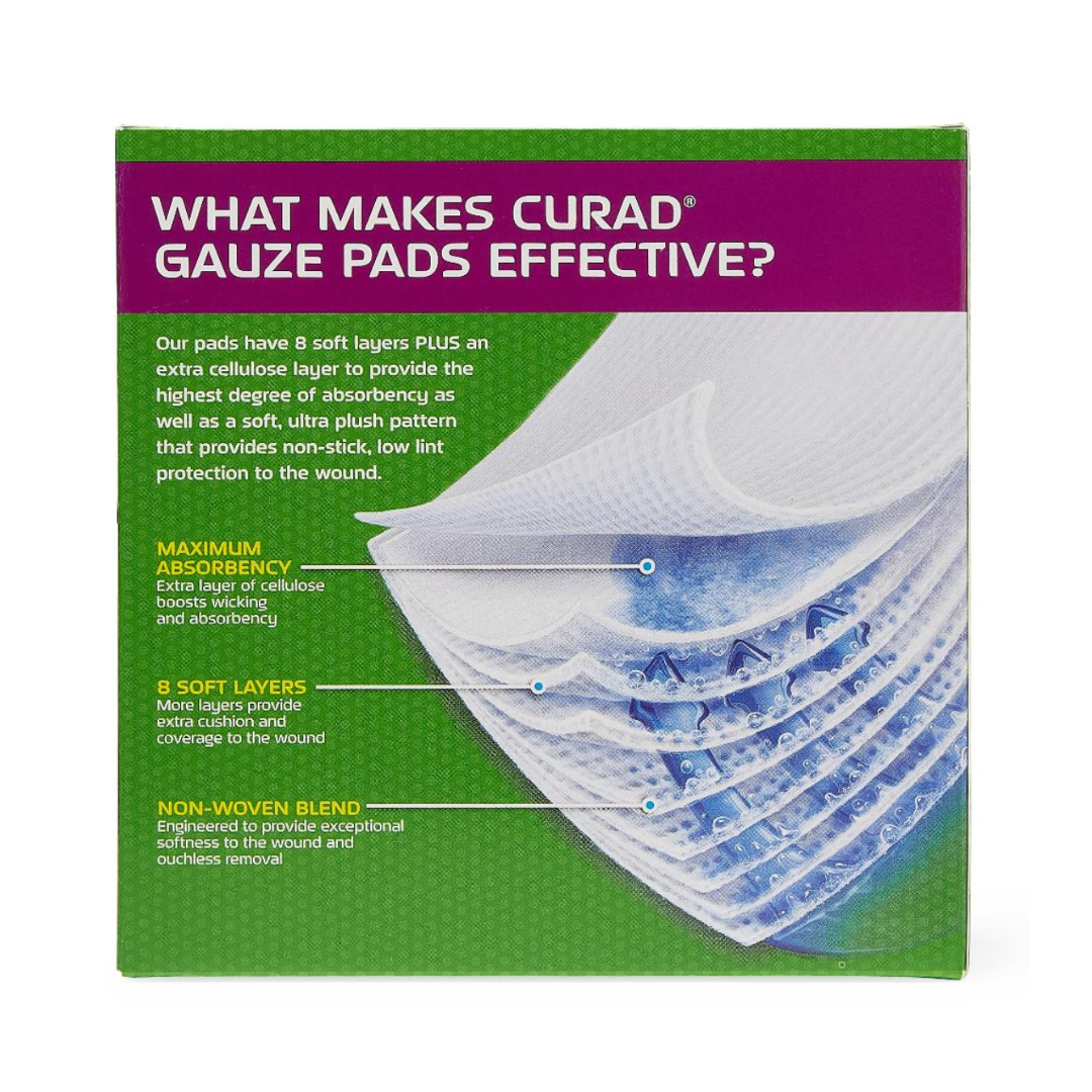 The Medline CURAD Sterile Pro-Gauze Pads package highlights 8 soft layers, maximum absorbency, a non-woven blend, and shows stacked sterile pads for wound care on a purple and green background.