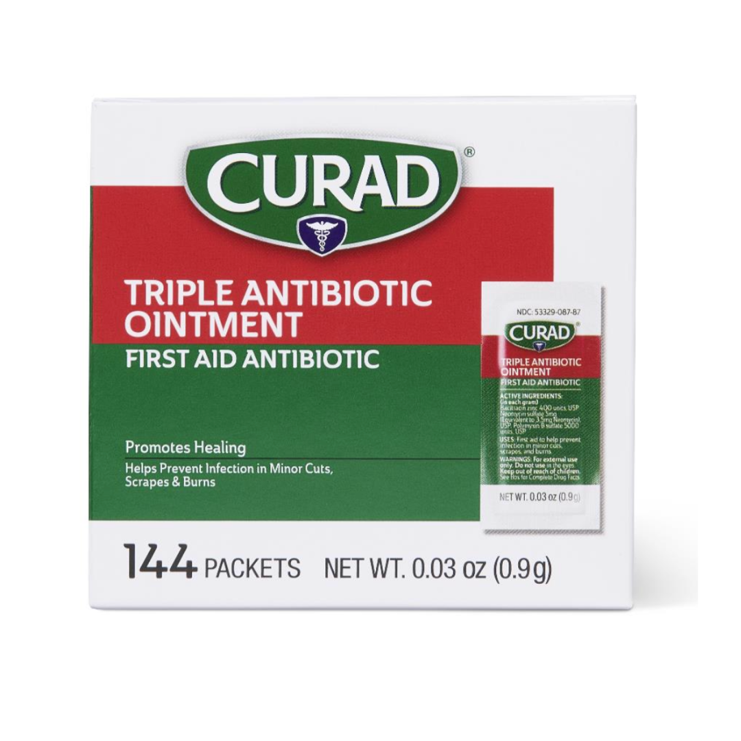 Medline CURAD Triple Antibiotic Ointment provides hospital-quality protection, promotes healing, and helps prevent infection, with 144 individual 0.03 oz (0.9g) packets per box.