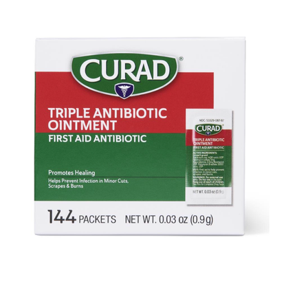 Medline CURAD Triple Antibiotic Ointment provides hospital-quality protection, promotes healing, and helps prevent infection, with 144 individual 0.03 oz (0.9g) packets per box.