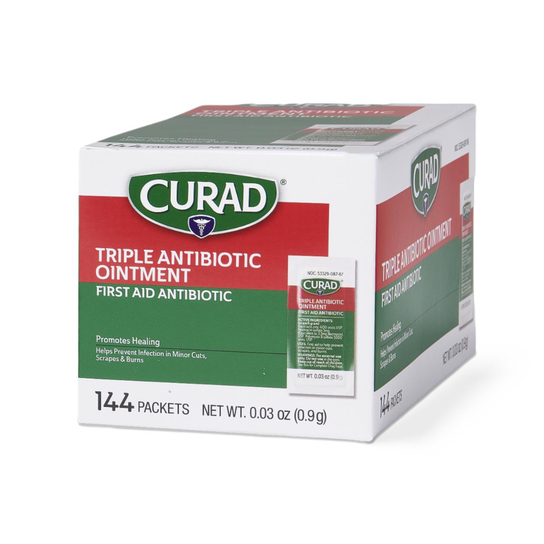 A white and green box of Medline CURAD Triple Antibiotic Ointment with 144 packets provides hospital-quality protection, aiding healing and preventing infection in minor cuts, scrapes, and burns.