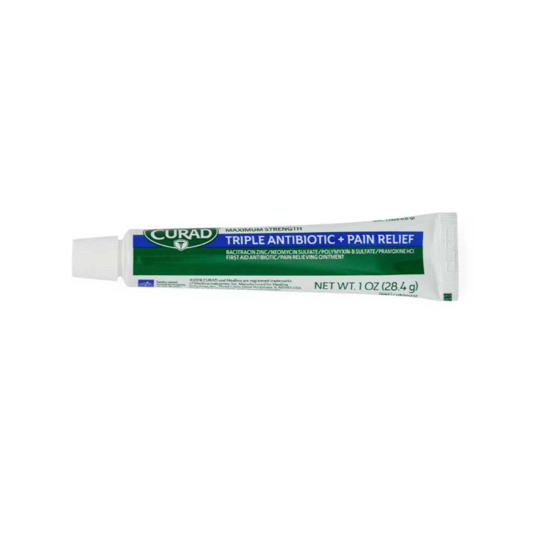 A tube of Medline CURAD Triple Antibiotic + Pain Relief Ointment, 1 oz (28.4 g), with a white cap and green and blue label, is displayed against a white background.