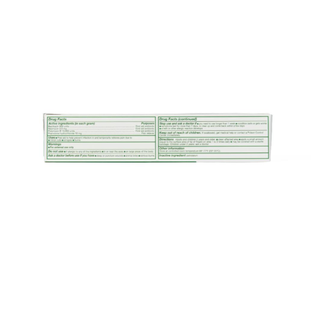 A white and green label on a rectangular box displays drug facts and ingredients for Medline CURAD Triple Antibiotic + Pain Relief Ointment in small text; the details are not fully legible due to image quality.