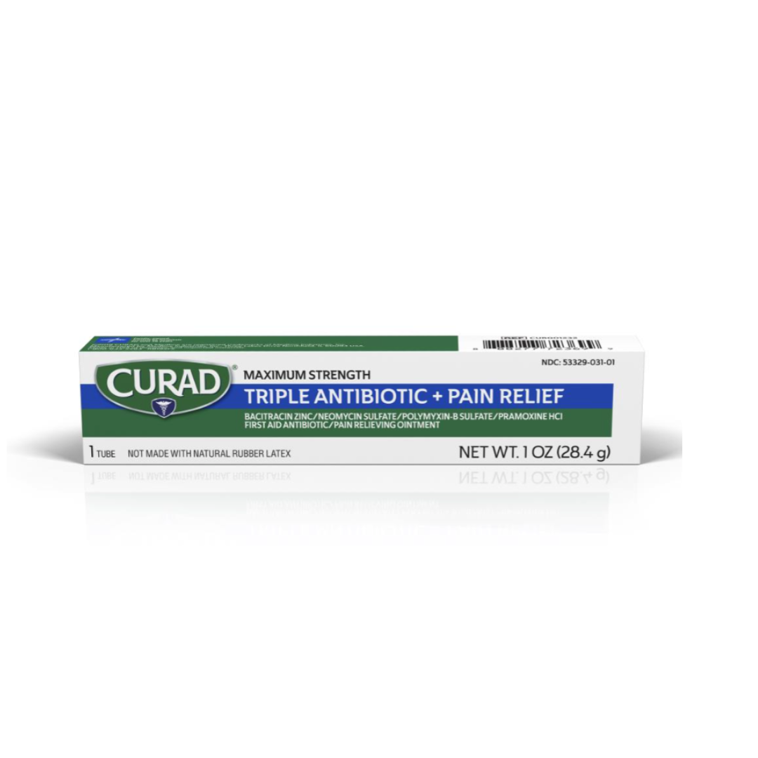 A box of Medline CURAD Triple Antibiotic + Pain Relief Ointment, 1 oz (28.4 g), with green and white packaging and clear product details on the front.