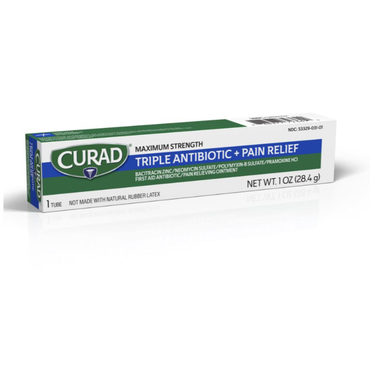 A box of Medline CURAD Triple Antibiotic + Pain Relief Ointment, 1 oz (28.4g), in green, blue, and white packaging with product details and ingredient info for maximum strength pain relief.