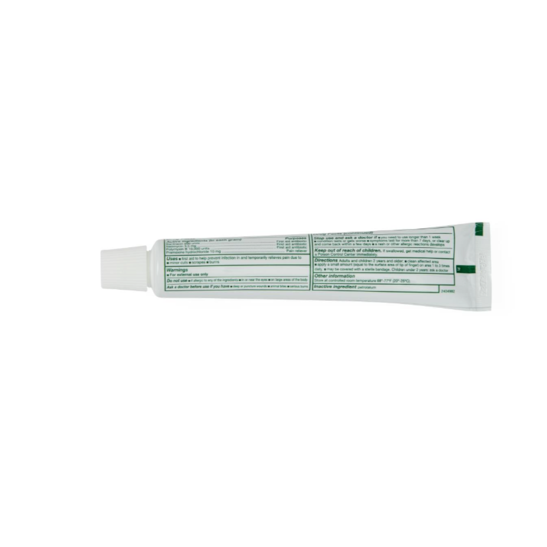 A white tube with a white cap, shown on its side, has a label with green text and boxes displaying information for Medline CURAD Triple Antibiotic + Pain Relief Ointment. The small text appears faint against the plain white background.