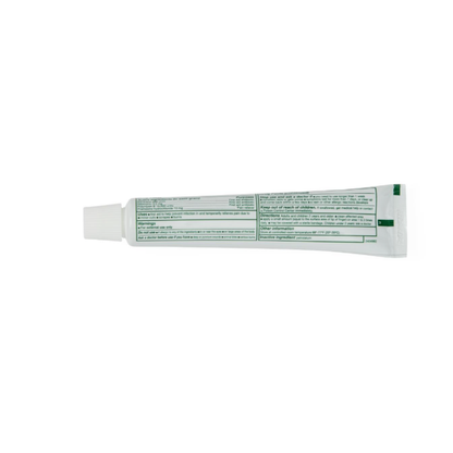 A white tube with a white cap, shown on its side, has a label with green text and boxes displaying information for Medline CURAD Triple Antibiotic + Pain Relief Ointment. The small text appears faint against the plain white background.