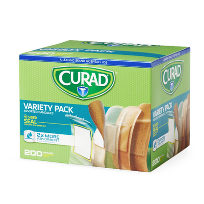 A green box of CURAD Variety Pack Assorted Bandages features 4-sided seal protection, a 2x more absorbent design, and contains 200 assorted bandages in different sizes displayed on the front.