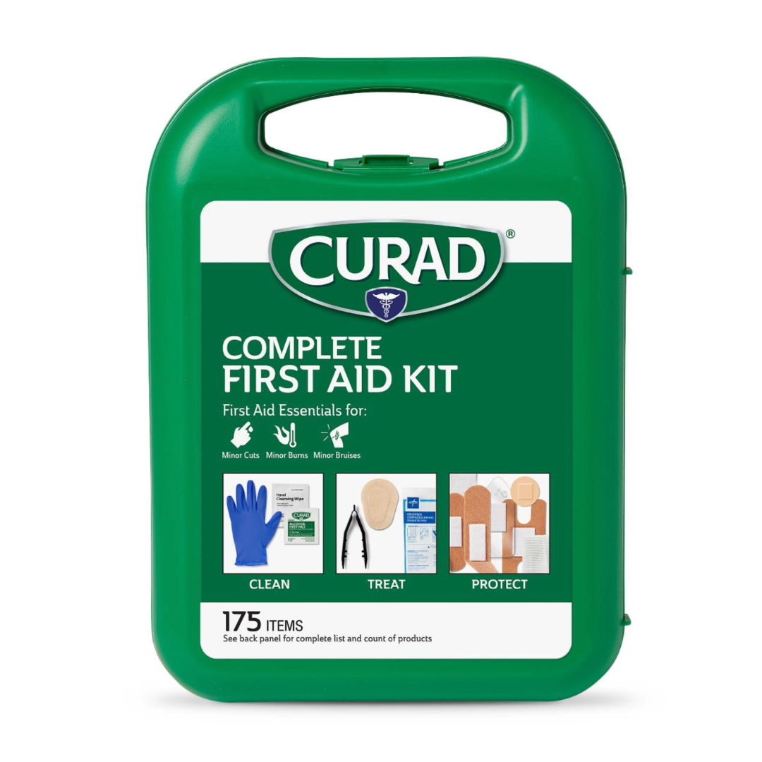 The Medline CURAD 175-Piece Complete First Aid Kit features a green case with a handle, images of gloves, bandages, and tools on the front, plus clean, treat, and protect sections. View Specifications or watch Videos for more details.
