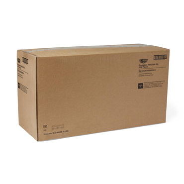 A large, plain brown shipping box labeled "Medline CURAD 175-Piece Complete First Aid Kits" is sealed and standing on a white background. Black printed text, a barcode, and specifications are visible on one side of the box.