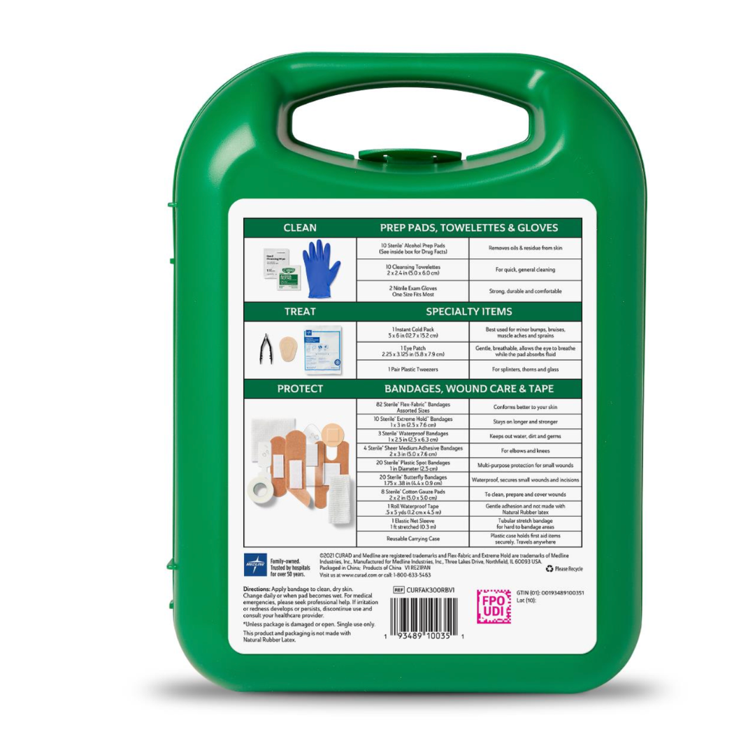 The Medline CURAD 175-Piece Complete First Aid Kit features a green case with a handle, detailed contents and specifications on the back, including prep pads, gloves, bandages, wound care supplies, tape, and item images.