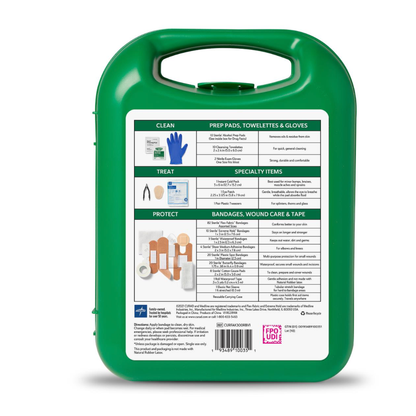 The Medline CURAD 175-Piece Complete First Aid Kit features a green case with a handle, detailed contents and specifications on the back, including prep pads, gloves, bandages, wound care supplies, tape, and item images.