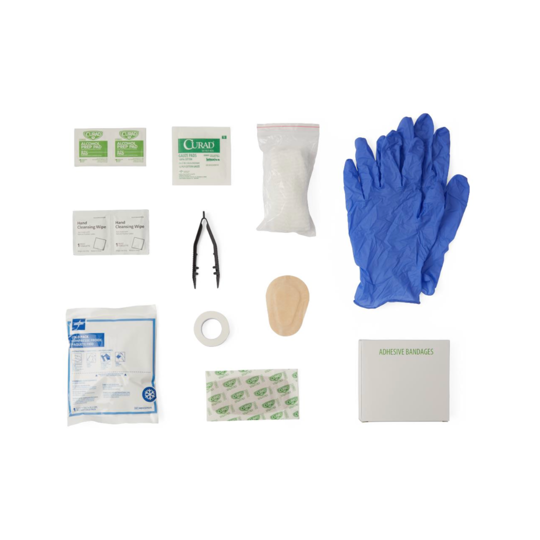 A flat lay of Medline CURAD 175-Piece Complete First Aid Kits featuring gloves, bandages, gauze, tape, tweezers, alcohol pads, wound pad, and adhesive bandages—all neatly arranged on a white background.