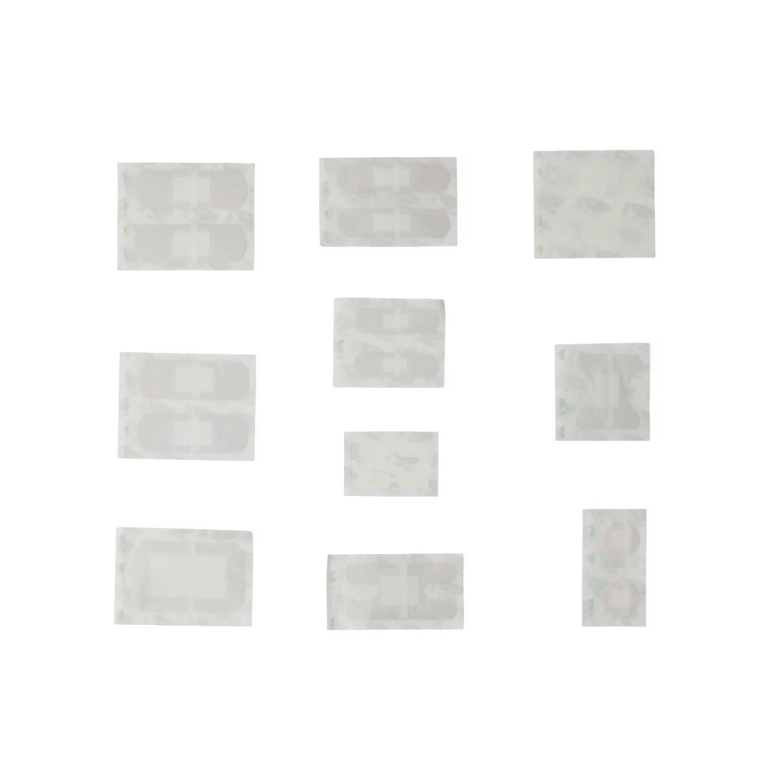Medline CURAD 175-Piece Complete First Aid Kits: Ten individually wrapped adhesive bandages of various sizes displayed in a grid on a white background. For full specs and videos, see the downloads section.