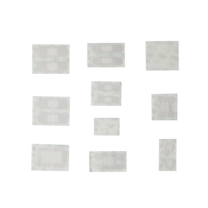 Medline CURAD 175-Piece Complete First Aid Kits: Ten individually wrapped adhesive bandages of various sizes displayed in a grid on a white background. For full specs and videos, see the downloads section.