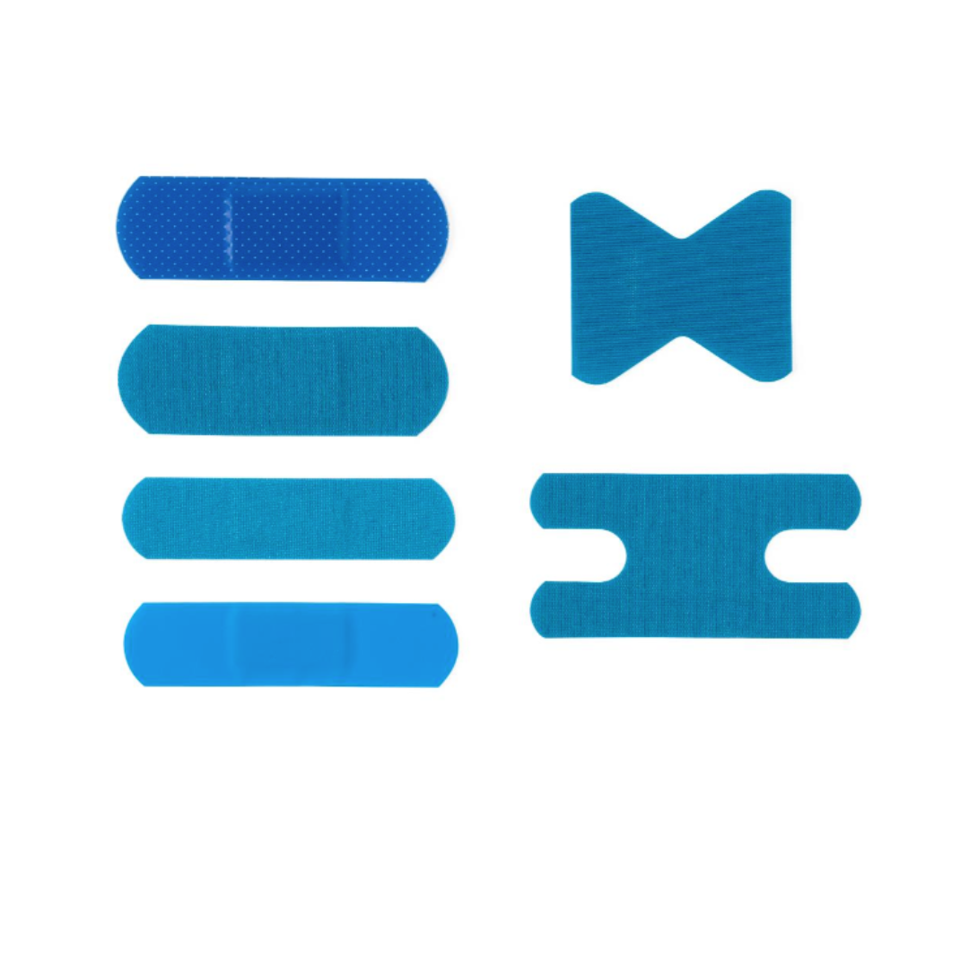 Six CURAD Food Service Metal-Detectable Blue Fabric Adhesive Bandages in assorted rectangular, butterfly, and double-notched shapes are displayed in two columns on a white background—ideal for food service environments.