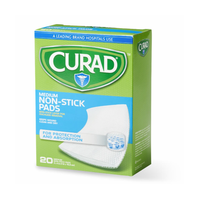 A green and blue box of Medline CURAD Sterile Nonstick Pads features an image of a nonstick wound dressing and text highlighting 20 sterile pads for protection and absorption, with labeling for hospital use.