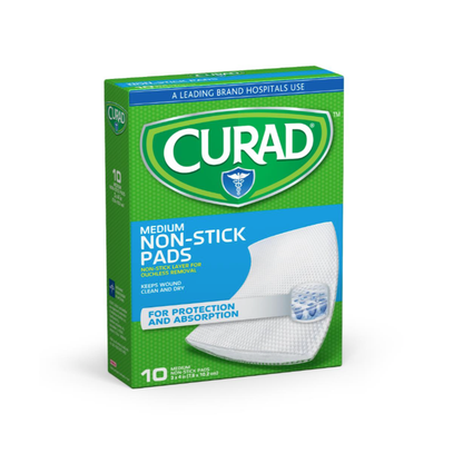 A green and blue box of Medline CURAD Sterile Nonstick Pads, Medium, 10 count, features a pad image on the front and is labeled For Protection and Absorption—ideal sterile pads for wound care with hospital use endorsement.