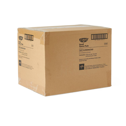 A sealed brown cardboard box labeled Medline CURAD Sterile Pro-Gauze Pads, with product info and barcodes on the sides, contains sterile gauze pads for wound care. The box is displayed on a white background.