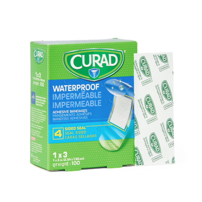 A green box of CURAD Waterproof Bandages - 1" x 3" is shown beside a bandage. The box highlights a 4-sided seal for superior wound protection and contains 100 bandages.