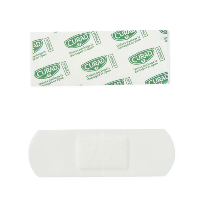 A CURAD Waterproof Bandage (1" x 3") with a 4-sided seal and its opened green-and-white wrapper are displayed on a white background, showcasing secure wound protection.
