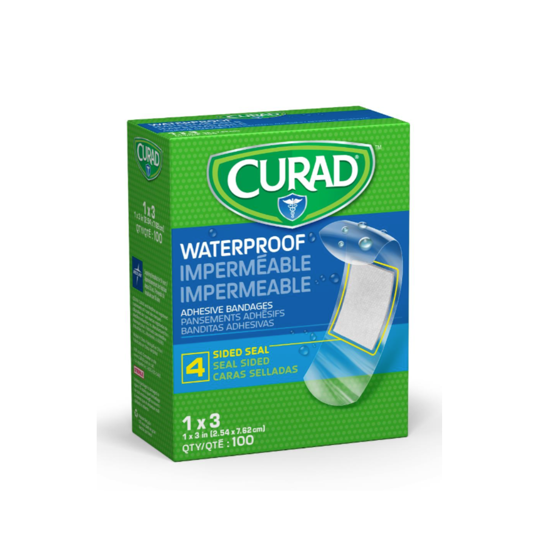 A green CURAD Waterproof Bandages box (1" x 3") contains 100 bandages with a 4-sided seal for wound protection. The packaging features text in English, French, and Spanish.