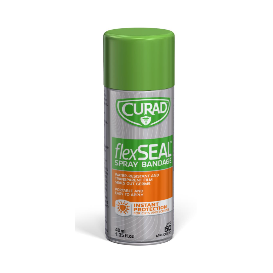 A 40 mL (1.35 fl. oz) can of Medline CURAD flexSEAL Spray Bandage with a green cap and orange label provides water-resistant, instant spray protection for cuts and scrapes.