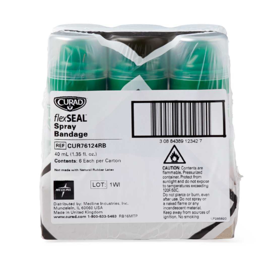 Six-pack of Medline CURAD flexSEAL Spray Bandage bottles (40 mL each) wrapped in plastic, displaying product label, barcode, contents (6 bottles), wound protection info, manufacturer details, lot/reference numbers, and a caution warning.