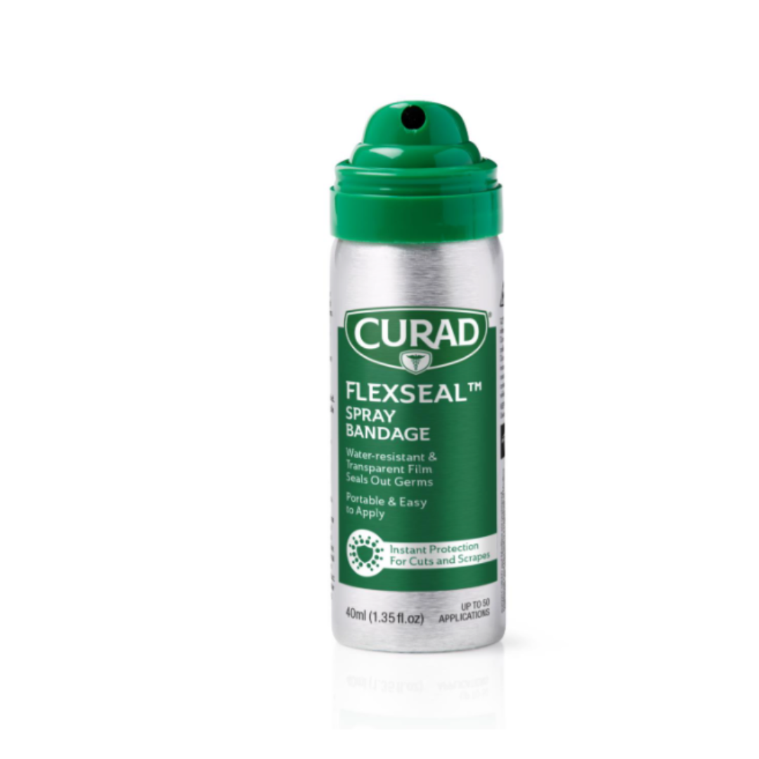 Medline CURAD flexSEAL Spray Bandage can with green cap and label, highlighting waterproof, germ-sealing wound protection and easy application. The upright can is displayed against a white background.