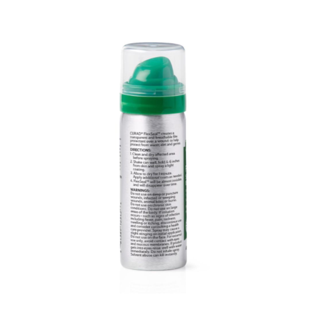 The Medline CURAD flexSEAL Spray Bandage is a clear plastic bottle with a green nozzle and transparent cap, featuring printed instructions and warnings, providing convenient wound protection in an easy spray format.