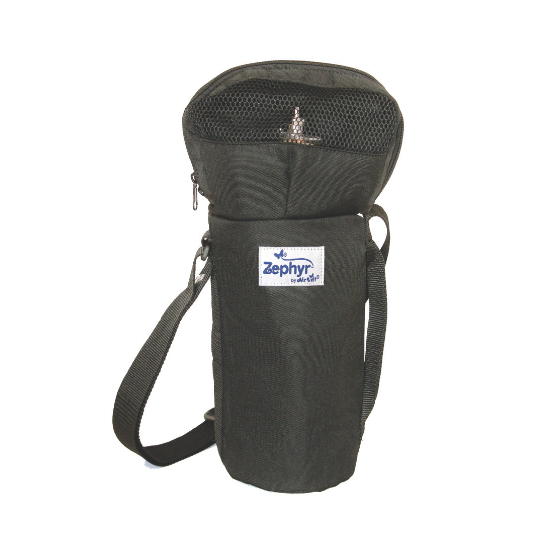 The Zephyr Oxygen Cylinder Shoulder Bag is a black, cylindrical bag with a mesh top, zipper, shoulder strap, and a white "Zephyr by warwick" label on the front.