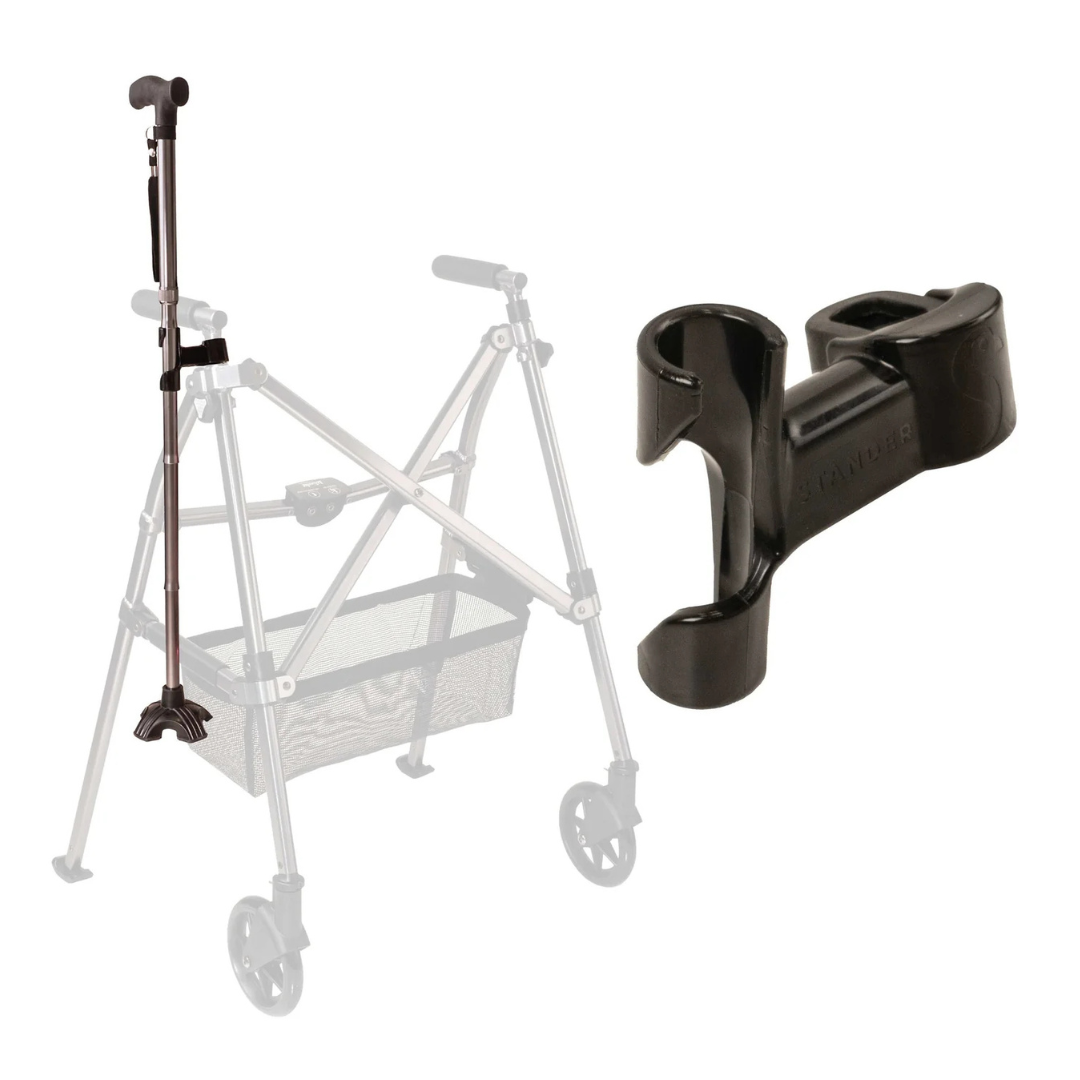 The Cane Holder For Stander Walkers & Rollators is shown attached to a cane, demonstrating how it secures the cane to walkers or rollators for convenient access.