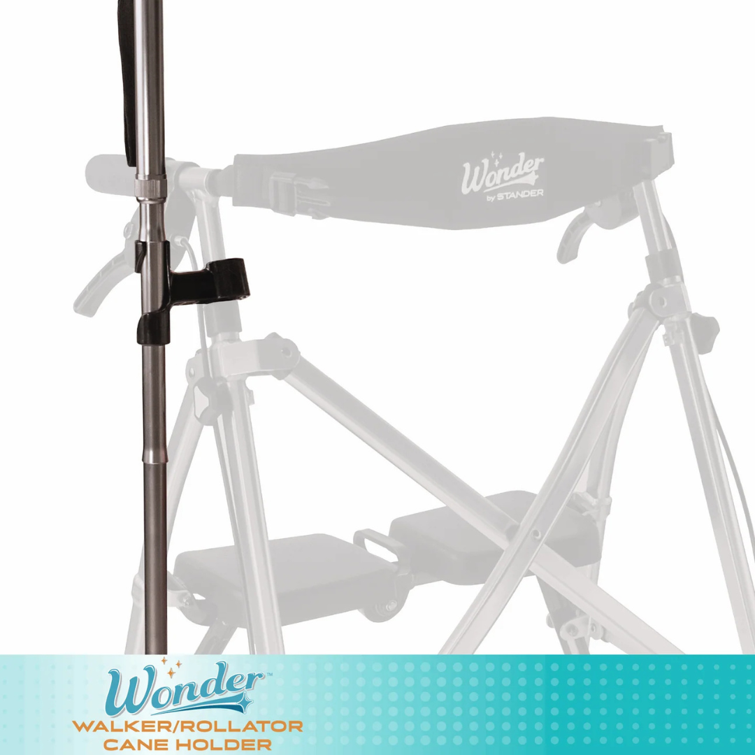 A Cane Holder For Stander Walkers & Rollators, securely attached to a walker frame, with "Wonder Walker/Rollator Cane Holder" shown at the bottom of the image.