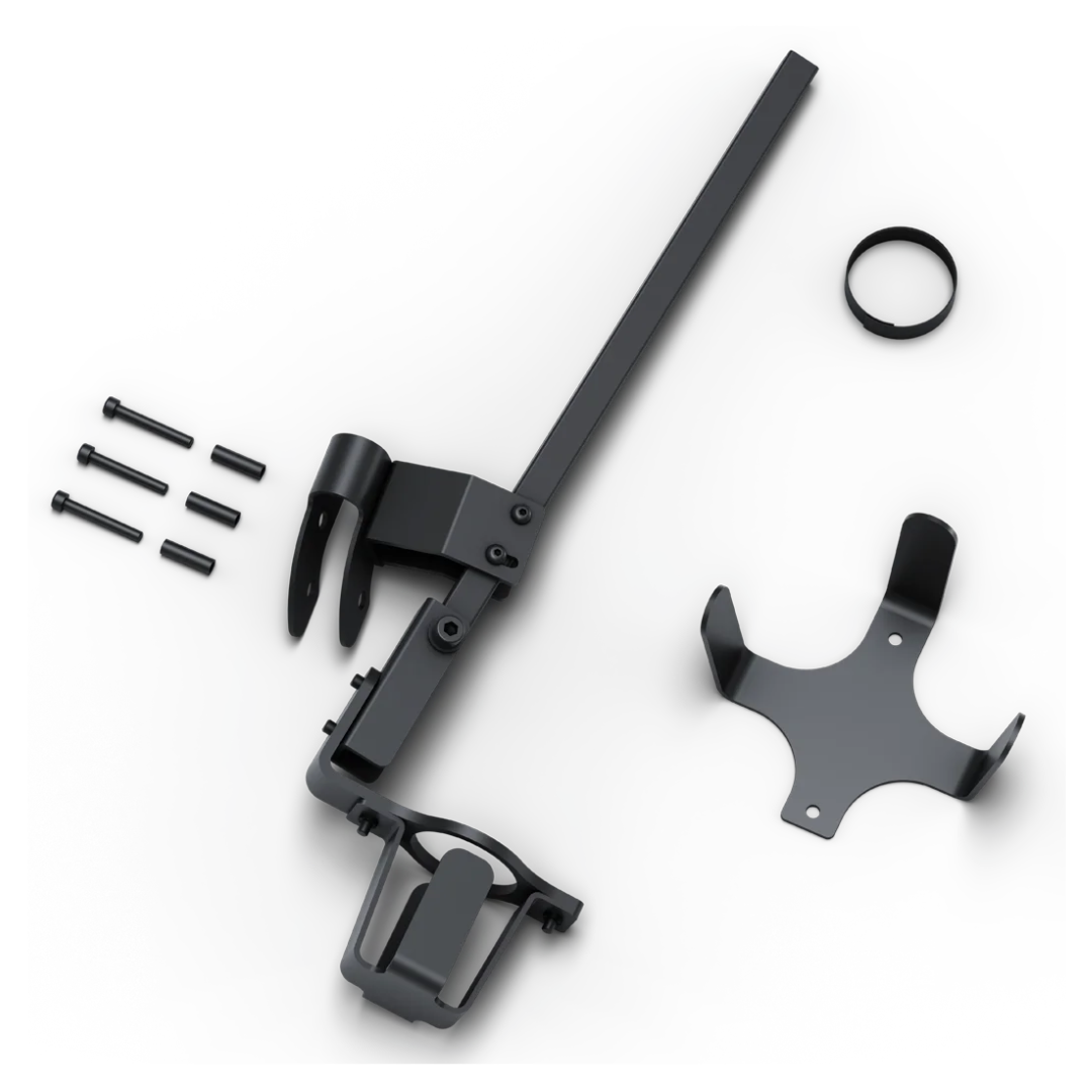 The Cane Holder for WHILL Model R Scooters includes a black adjustable mounting arm with screws, a circular ring, and a separate bracket—ideal for securely carrying your cane on your scooter.