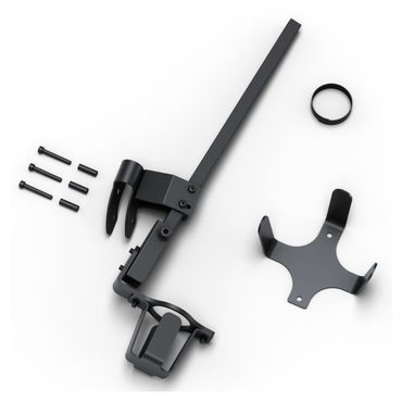 The Cane Holder for WHILL Model R Scooters includes a black adjustable mounting arm with screws, a circular ring, and a separate bracket—ideal for securely carrying your cane on your scooter.