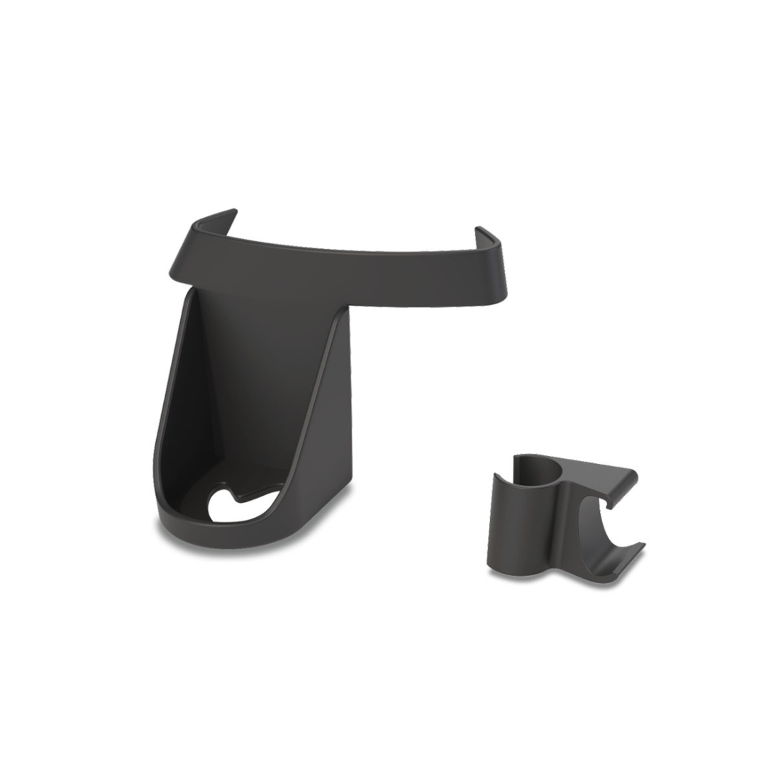 Two black plastic clips—one larger with a slanted base and slot, the other smaller and U-shaped—serve as cane holders for organizing items; compatible with the byACRE Nordic Pioneer Rollator.