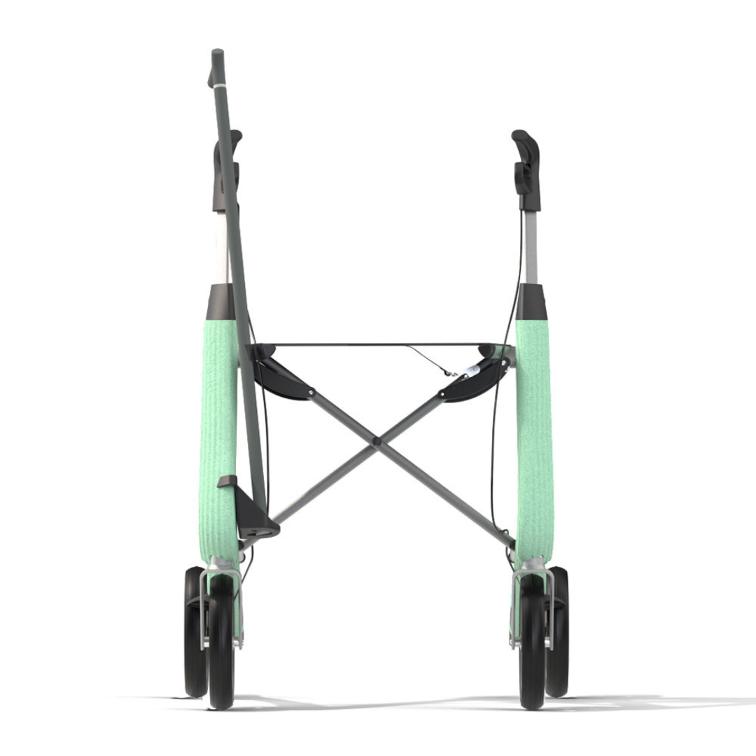A rear view of the Cane Holder for byACRE Nordic Pioneer Rollator, attached to a lightweight, foldable walker with black handles, four black wheels, and mint green side supports, shown against a white background.