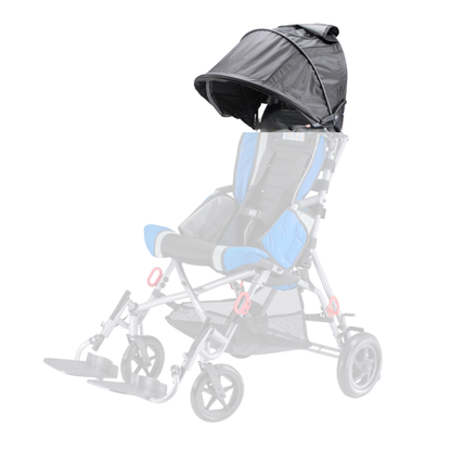 The Canopy For Strive Adaptive Stroller in black provides weather protection, shown on a blue and gray Strive Adaptive Stroller with a sunshade, footrests, and four wheels—the stroller is faded to highlight the canopy.