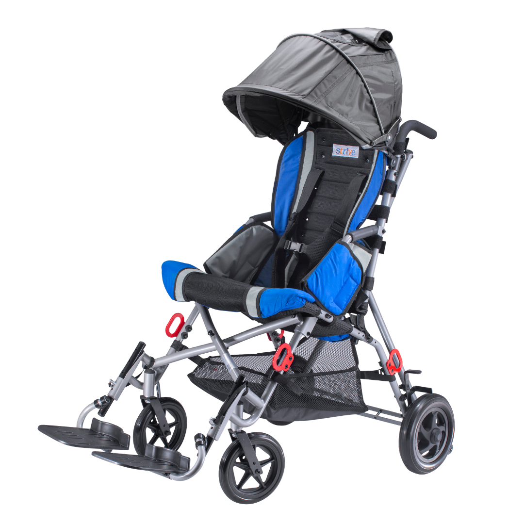 The Canopy for Strive Adaptive Stroller is a blue and black adjustable canopy designed for the Strive Adaptive Stroller, which supports children with special needs or limited mobility.