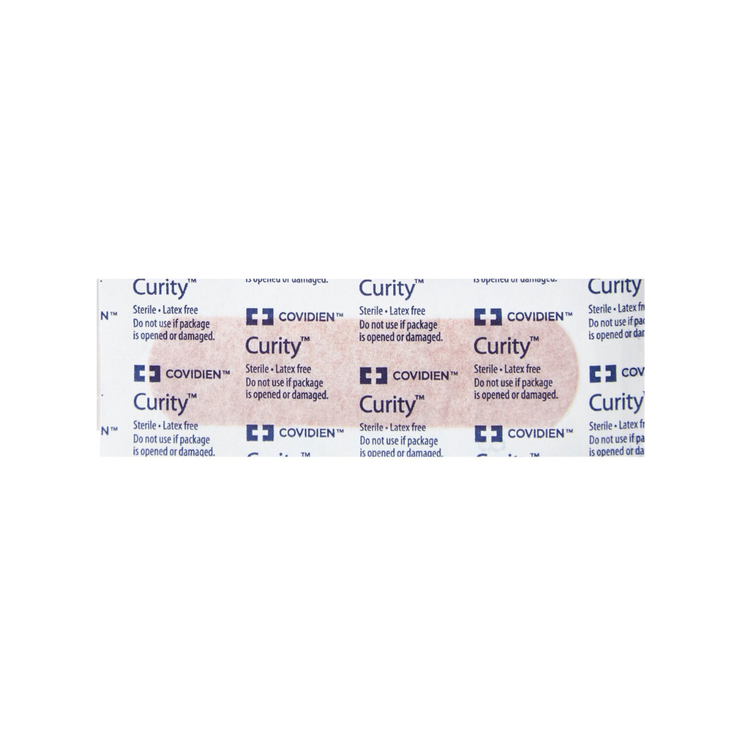 A close-up of Cardinal Curity™ Fabric Adhesive Flexible Bandage 1" x 3" packaging highlights sterile, latex-free wound protection with a Non-Stick Telfa Pad for minor cuts; not for use if opened or damaged.