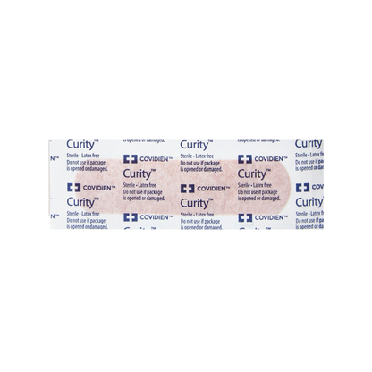 A close-up of Cardinal Curity™ Fabric Adhesive Flexible Bandage 1" x 3" packaging highlights sterile, latex-free wound protection with a Non-Stick Telfa Pad for minor cuts; not for use if opened or damaged.