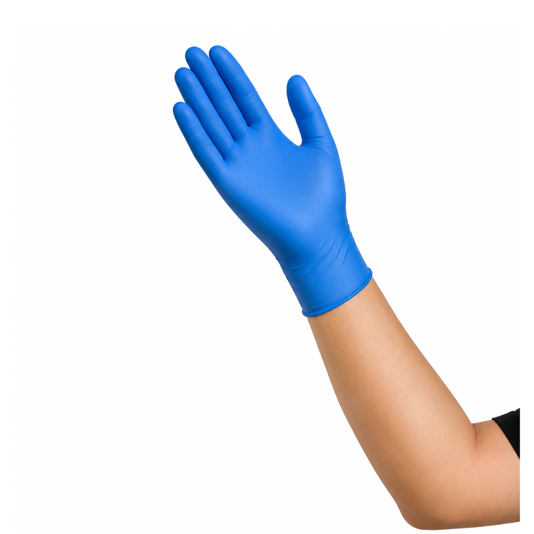 A raised right hand wears a Cardinal Health ESTEEM™ Stretch Nitrile Exam Glove against a white background. The snug, latex-free exam glove fits the hand and wrist, with the arm partially visible.
