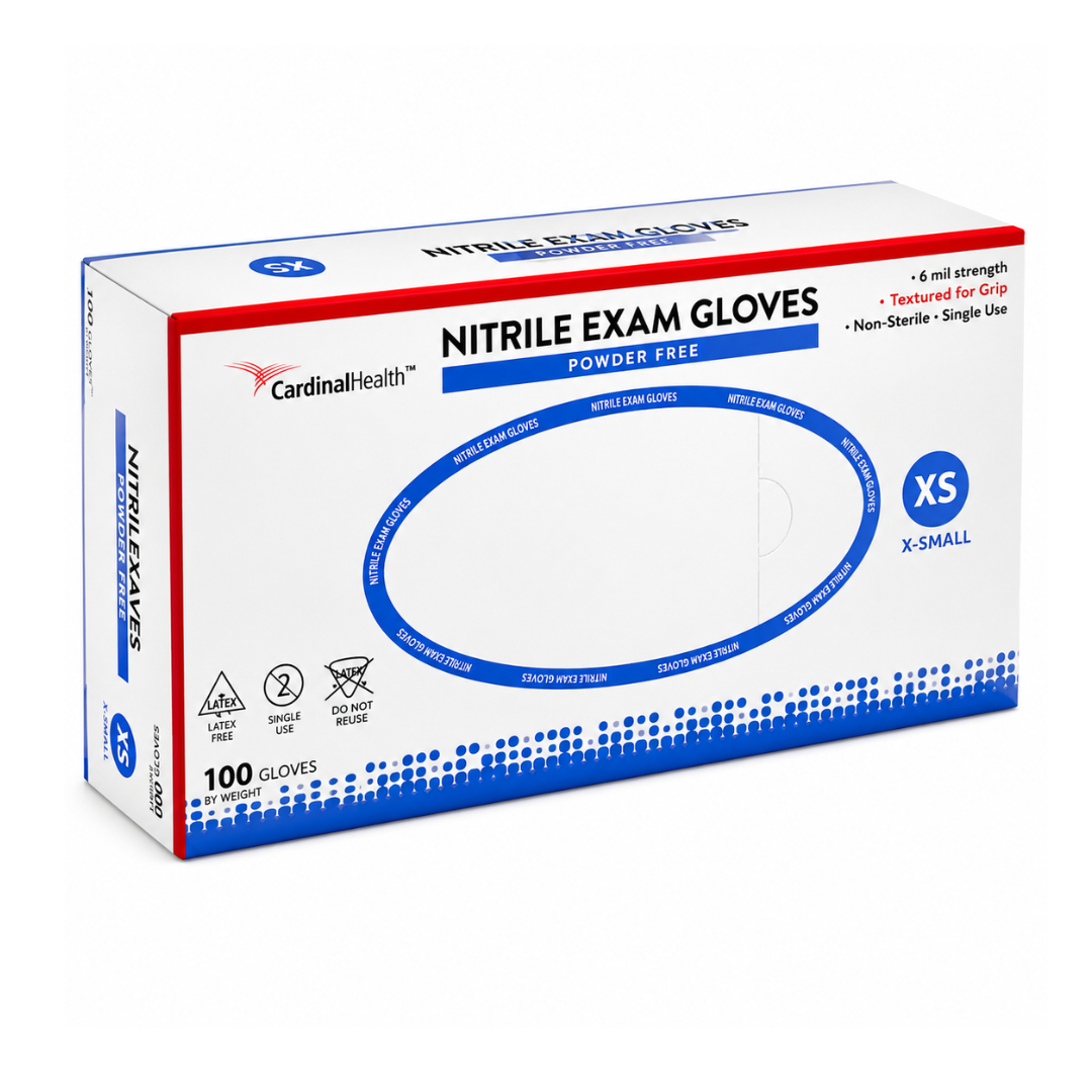 A white box of Cardinal Health FLEXAL® Touch Nitrile Exam Gloves, size X-Small, latex-free and powder-free. Contains 100 gloves per box with blue accents and product details displayed on the front and sides.