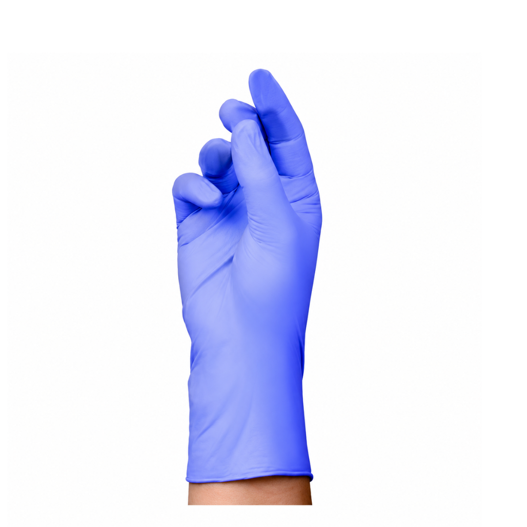 A hand wearing a blue Cardinal Health™ Flexal® Nitrile Exam Glove is held upright with slightly bent fingers, isolated on a white background.