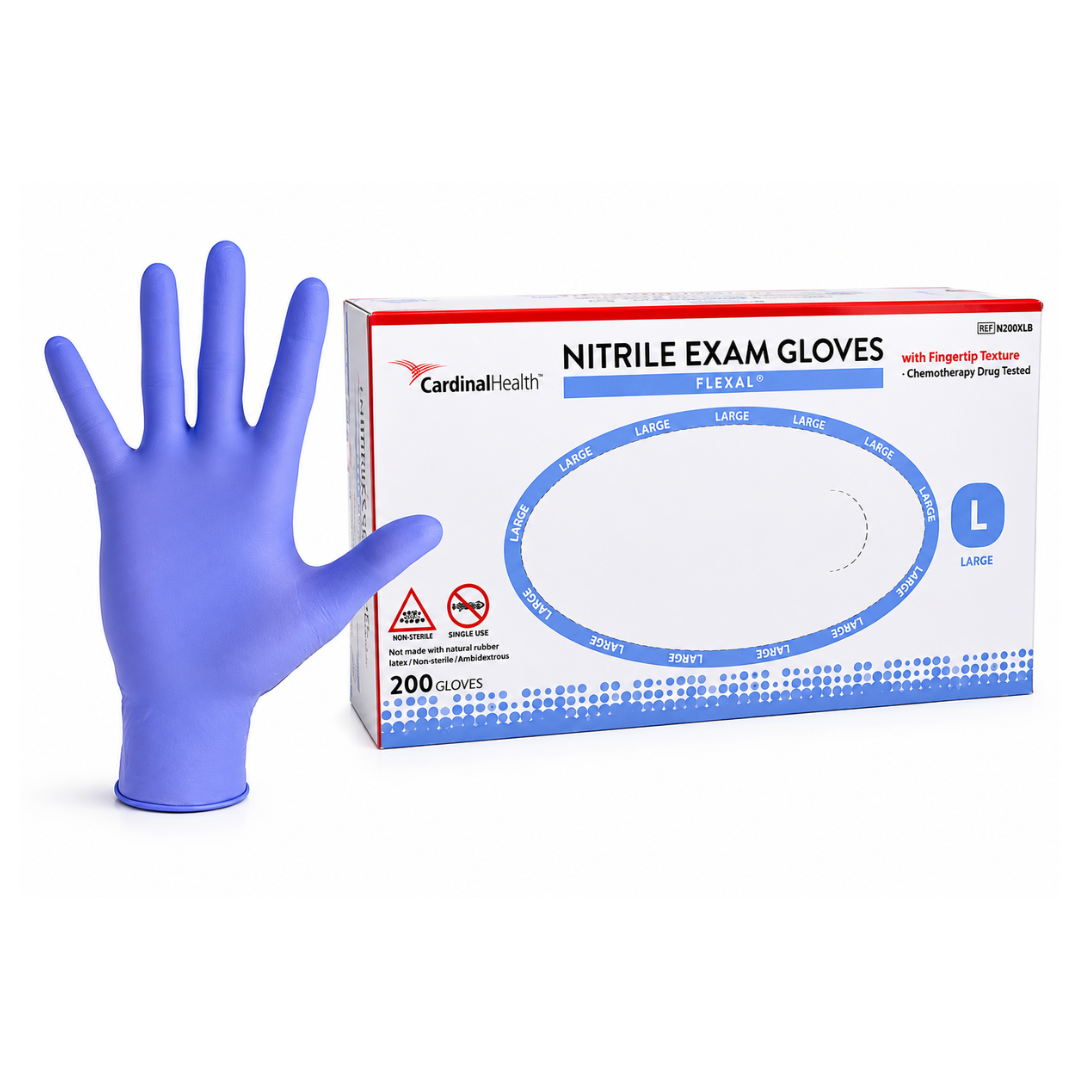 A box of Cardinal Health™ Flexal® Nitrile Exam Gloves, labeled Large and containing 200 gloves, is shown next to a single upright purple glove.
