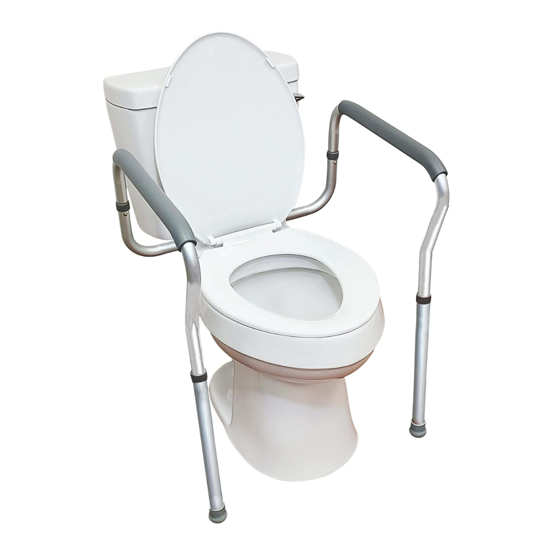 The Carex Adjustable Toilet Safety Rails provide support on both sides of a white toilet with an open lid, making it safer and easier to use for individuals with mobility challenges.