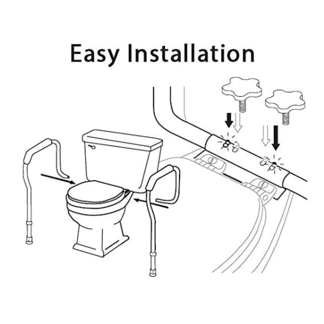 Line drawing of a toilet with Carex Adjustable Toilet Safety Rails attached. Arrows indicate adjustment knobs, demonstrating easy installation by simply tightening or loosening the knobs.