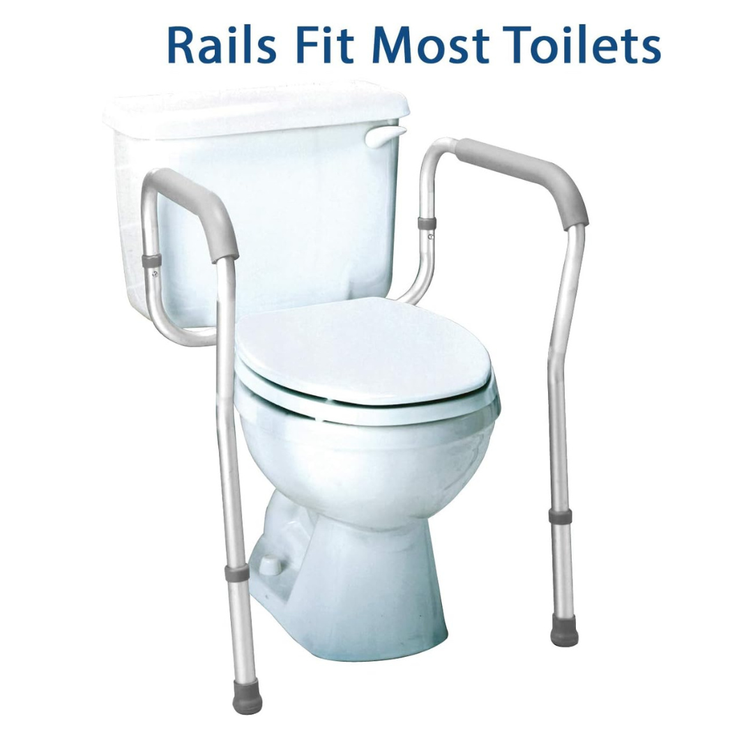 The Carex Adjustable Toilet Safety Rails feature silver safety rails on both sides of a white toilet. Text above reads: Rails Fit Most Toilets.