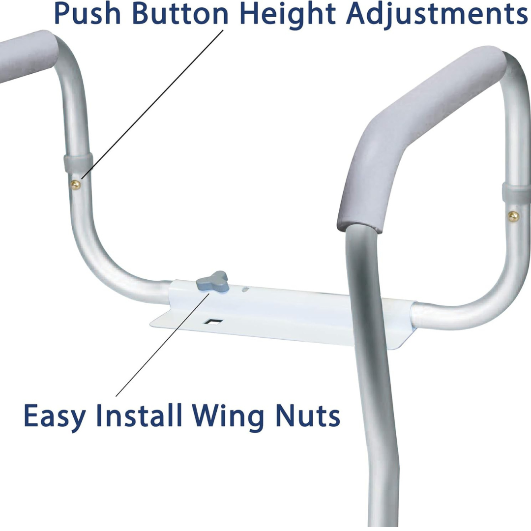 Close-up of Carex Adjustable Toilet Safety Rails with padded handles, showing Push Button Height Adjustments and Easy Install Wing Nuts for fast assembly and bathroom safety support.